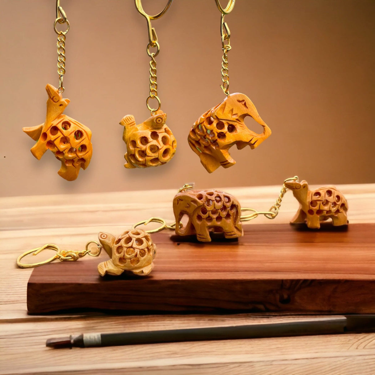 3Pc Handmade Wooden Keychain Elephant Camel Turtle Amulet Keyring Door Car Key Chains Good Luck Charms Feng Shui Key Ring - Key Holder for Friendship Day Christmas Thanksgiving - LoveNspire