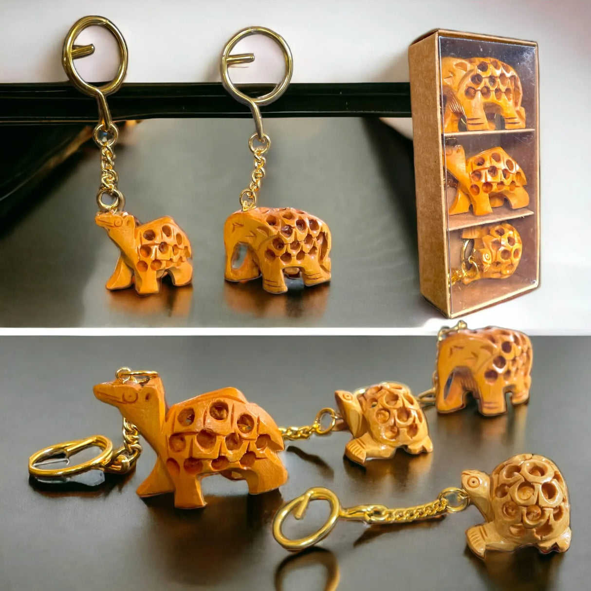 3Pc Handmade Wooden Keychain Elephant Camel Turtle Amulet Keyring Door Car Key Chains Good Luck Charms Feng Shui Key Ring - Key Holder for Friendship Day Christmas Thanksgiving - LoveNspire