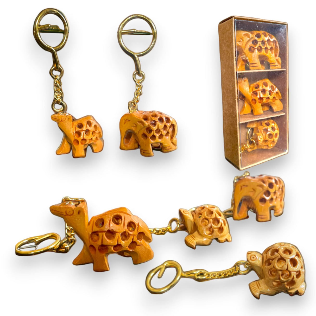 3Pc Handmade Wooden Keychain Elephant Camel Turtle Amulet Keyring Door Car Key Chains Good Luck Charms Feng Shui Key Ring - Key Holder for Friendship Day Christmas Thanksgiving - LoveNspire
