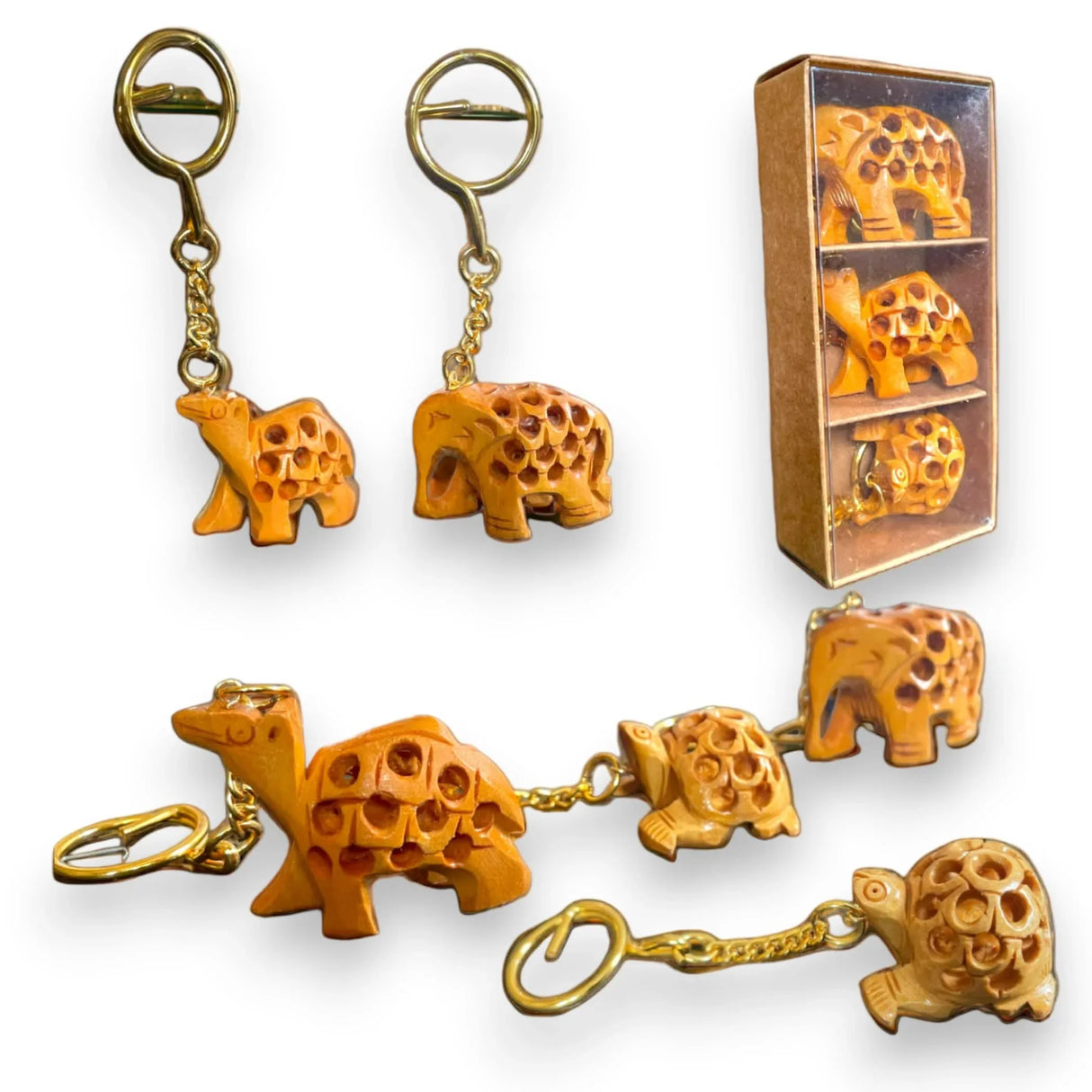 3Pc Handmade Wooden Keychain Elephant Camel Turtle Amulet Keyring Door Car Key Chains Good Luck Charms Feng Shui Key Ring - Key Holder for Friendship Day Christmas Thanksgiving - LoveNspire