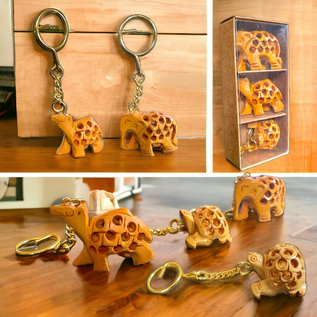 3Pc Handmade Wooden Keychain Elephant Camel Turtle Amulet Keyring Door Car Key Chains Good Luck Charms Feng Shui Key Ring - Key Holder for Friendship Day Christmas Thanksgiving - LoveNspire
