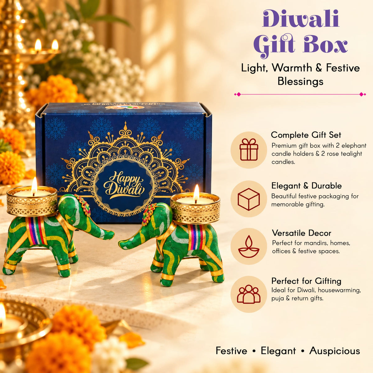 Green elephant-shaped candle holders with gold accents and colorful striped trims for diwali gift hampers