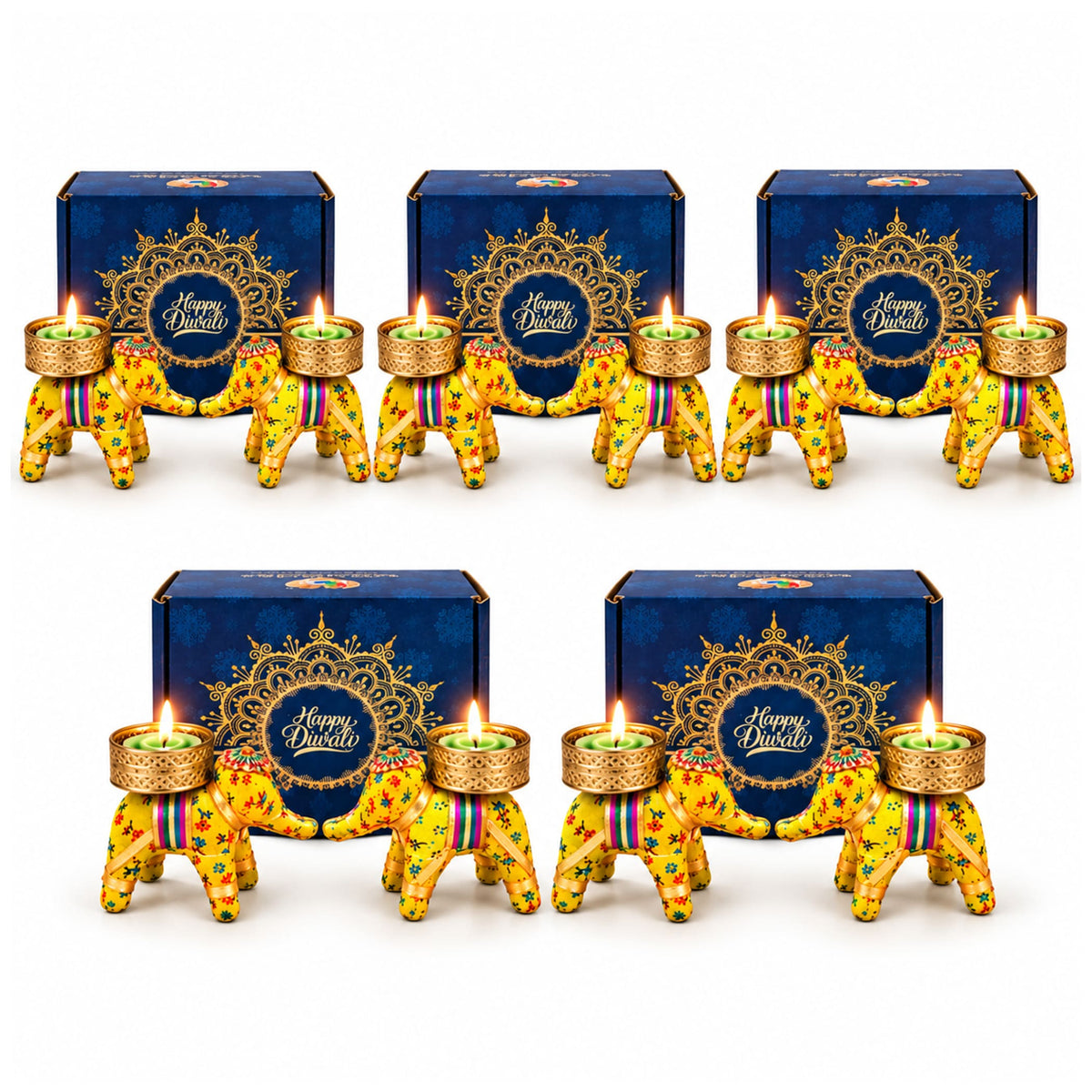 Yellow elephant-shaped Diwali candle holders with floral patterns and gold accents holding lit green tea lights