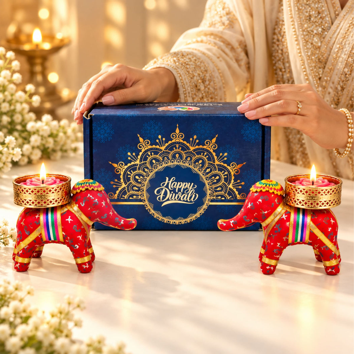 Red elephant-shaped candle holders with gold accents and rainbow ribbons for diwali gift hampers