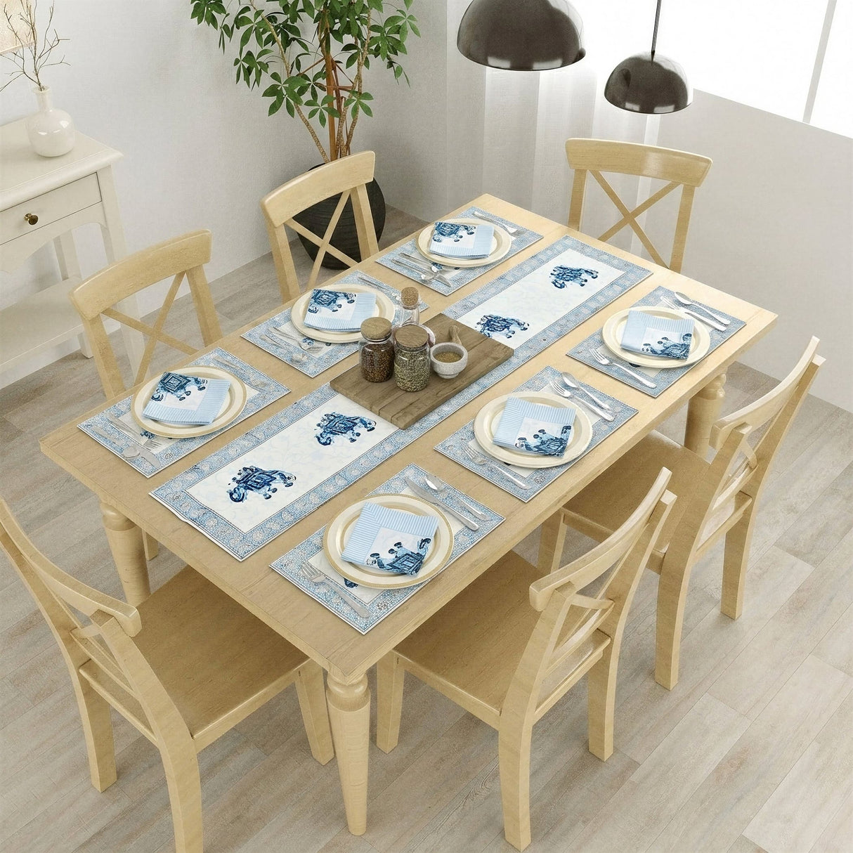 Set of six blue and white cotton placemats with decorative border for dining table from home table decorations set
