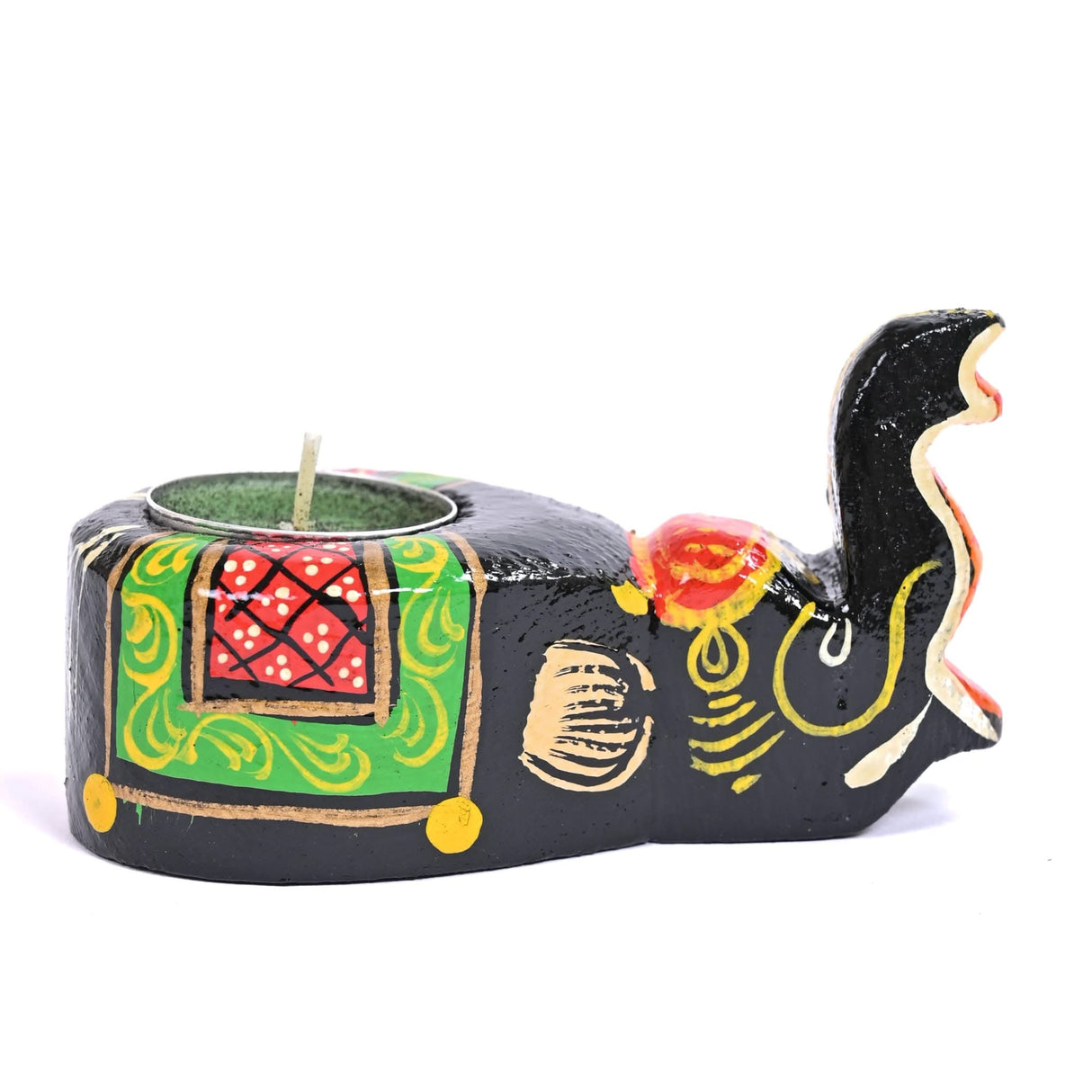 Handpainted wooden elephant tealight candle holder for home decor and festive occasions