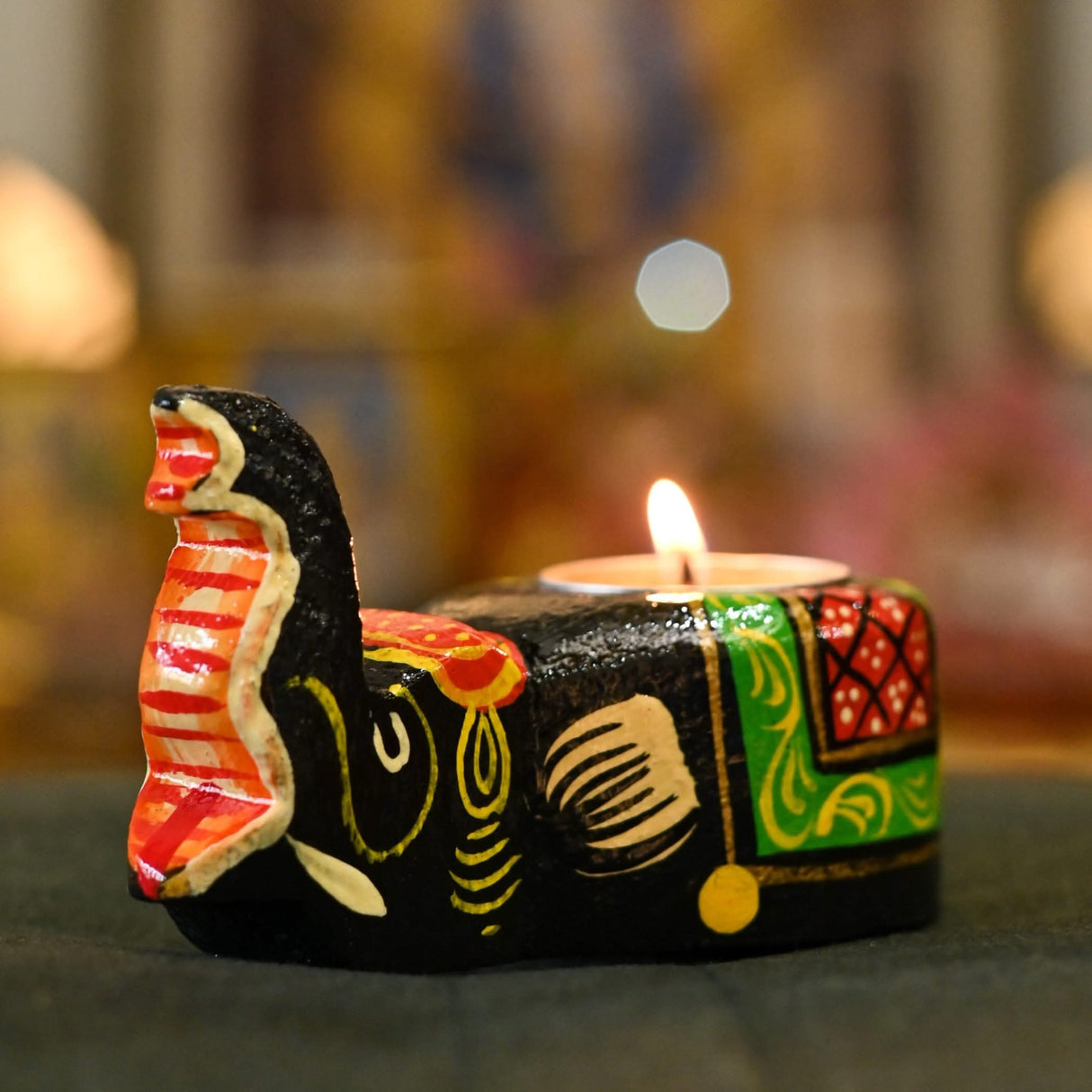 Decorated handpainted wooden elephant tealight candle holder for home and festival decor
