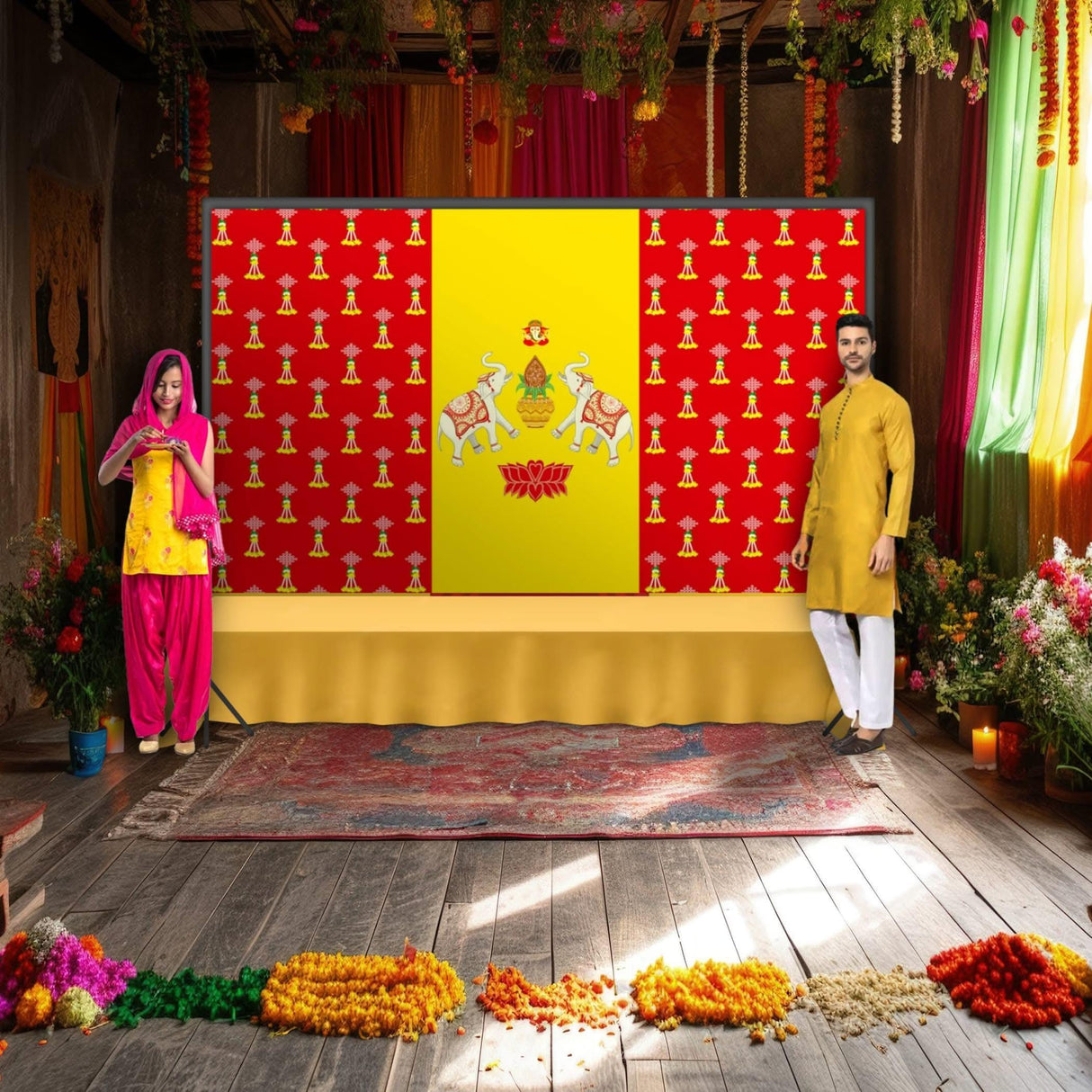 Elephant Ganesha Backdrop Indian Traditional Cloth 5x8 Feet Backdrop Pooja Banner Indian Wall Art Photo Decor Banner Diwali Decor Wedding Backdrop Decorative Pooja Cloth - LoveNspire