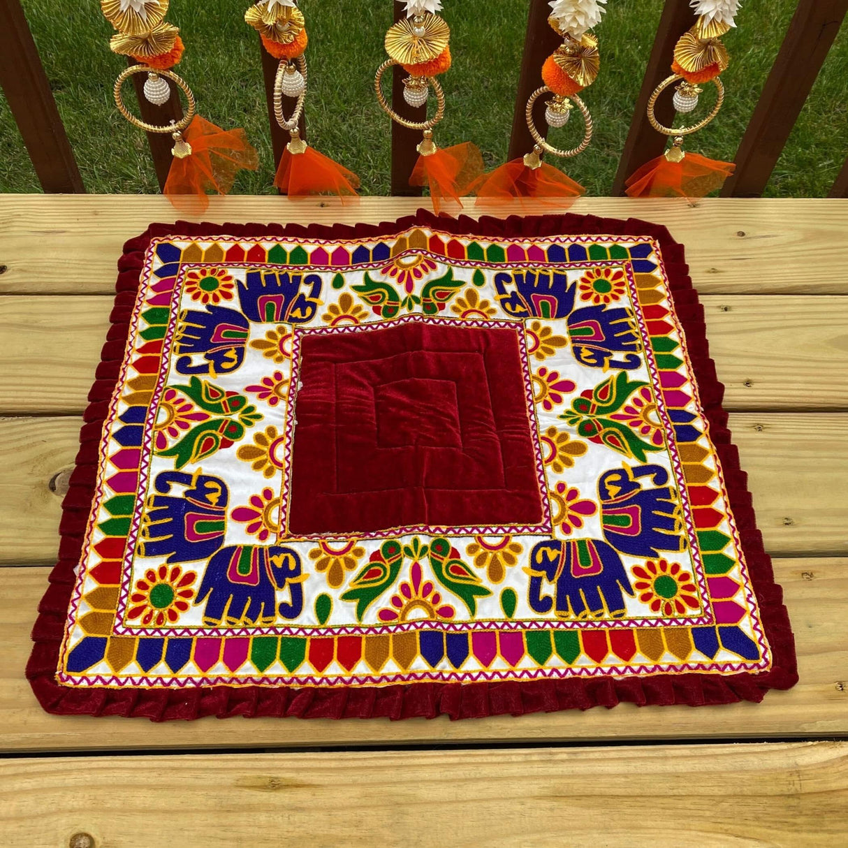 Elephant Pooja Aasan Rug Velvet Prayer Mat Meditation Multipurpose Aasan for Ganesh Pooja Diwali Pooja Mandir and Festive Decor Diwali Decoration Housewarming Gift - LoveNspire