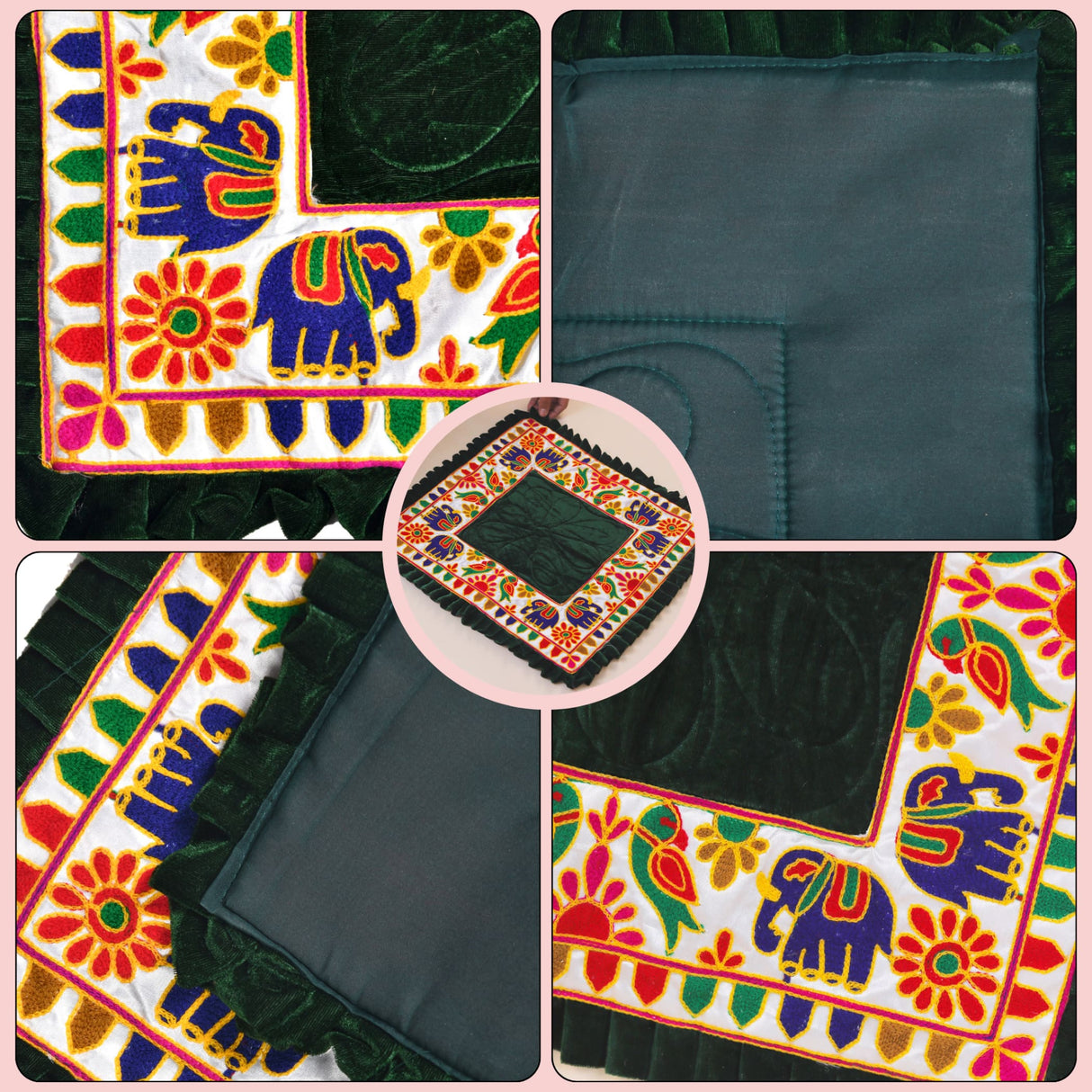 Square blue elephant embroidered velvet prayer mat for Ganesh Pooja