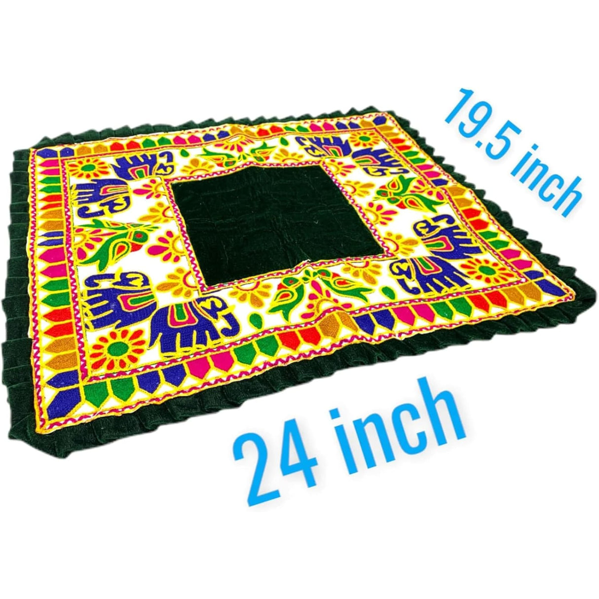 Vibrant elephant pooja aasan rug with black velvet inset and colorful patterns