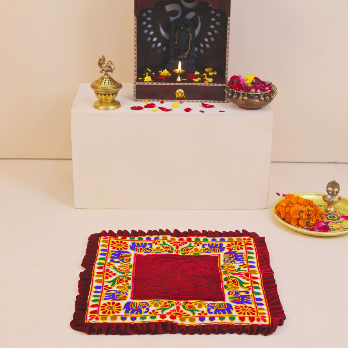 Vibrant red Elephant Pooja Aasan velvet prayer mat with floral elephant motifs