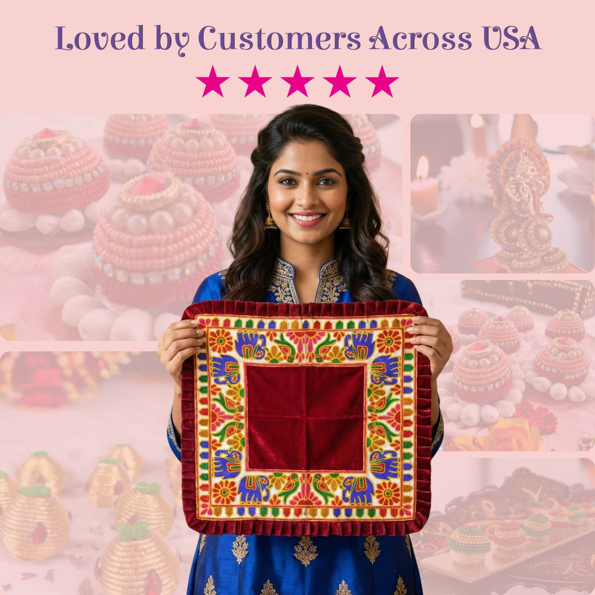 Vibrant red velvet Elephant Pooja Aasan rug with gold floral elephant embroidery