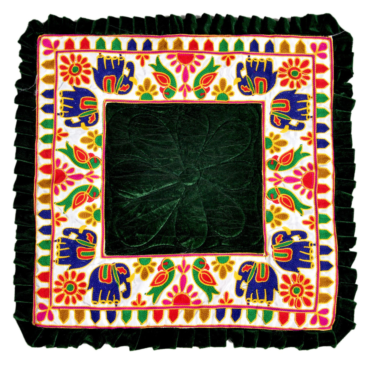 Dark green velvet Elephant Pooja Aasan rug with embroidered elephant borders