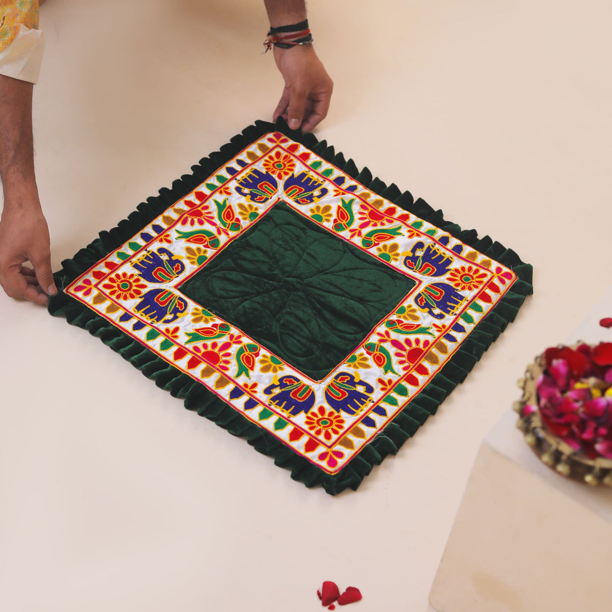 Square dark green velvet Elephant Pooja Aasan with embroidered floral elephant motifs