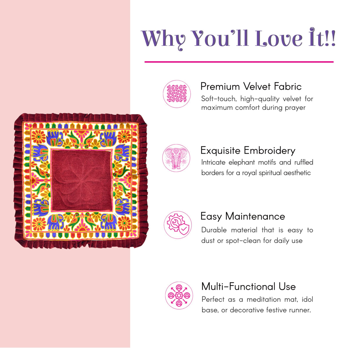 Deep red velvet Elephant Pooja Aasan prayer mat with embroidered elephants