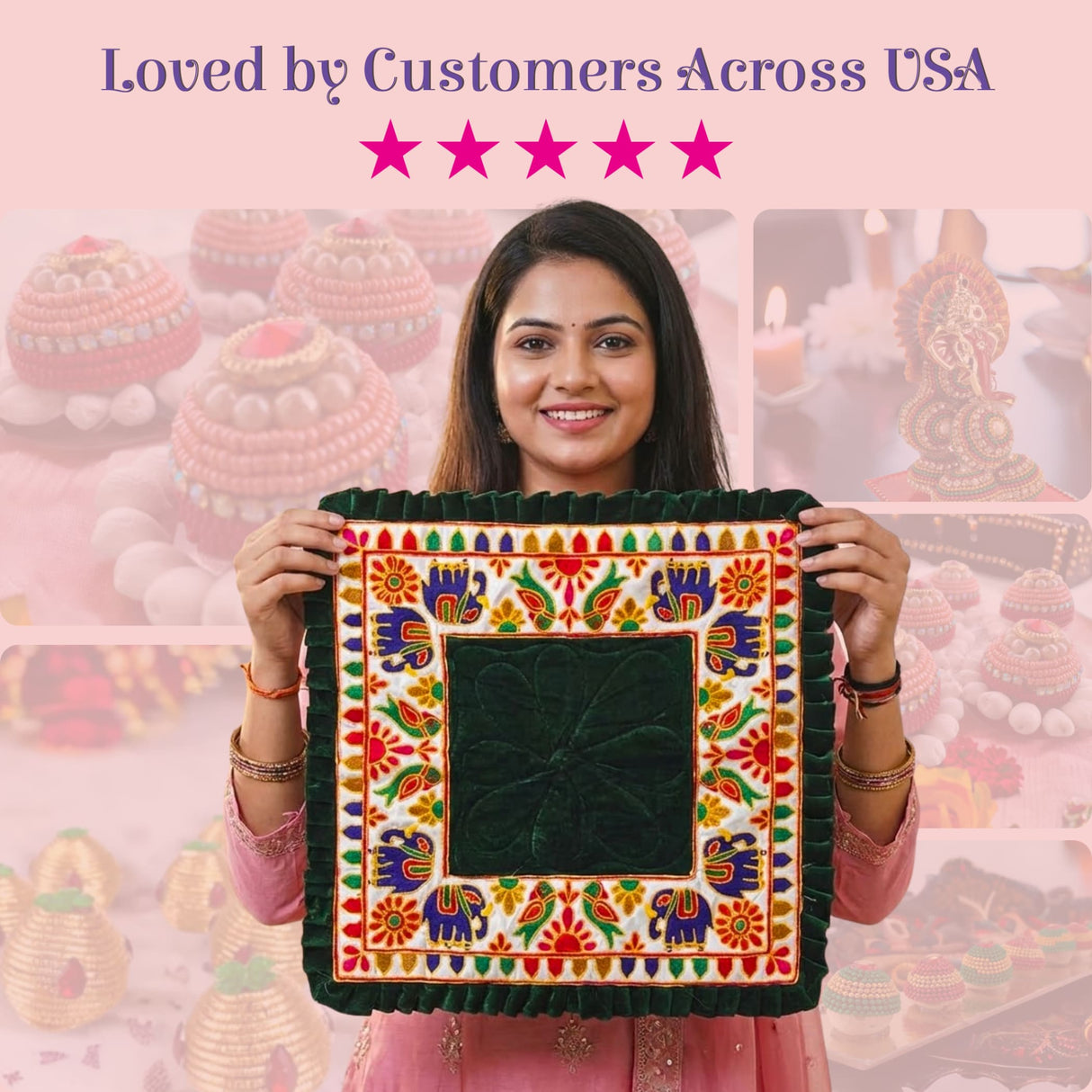 Square embroidered velvet prayer mat with green center, floral elephant motifs