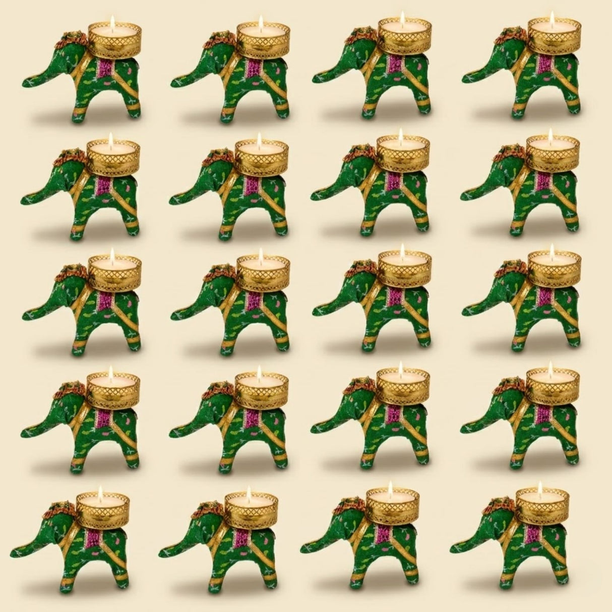 Green elephant-shaped tealight holders with gold and purple decorative accents for festive home decor and gifting