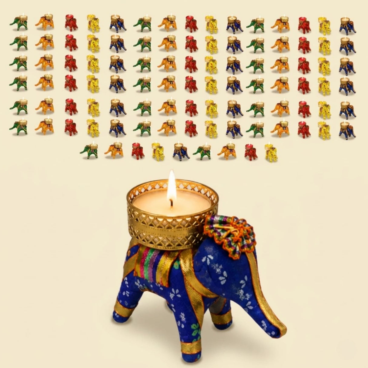 Blue elephant tea light candle holder with gold accents and embroidered details for Diwali and home decor