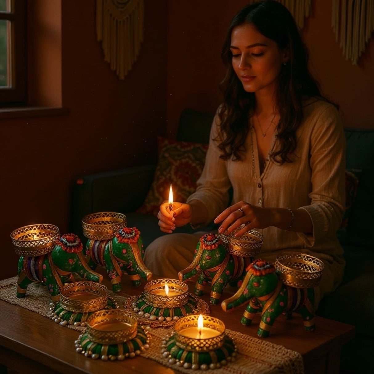 Decorative elephant-shaped candle holders and tealight holders in green and gold with intricate patterns