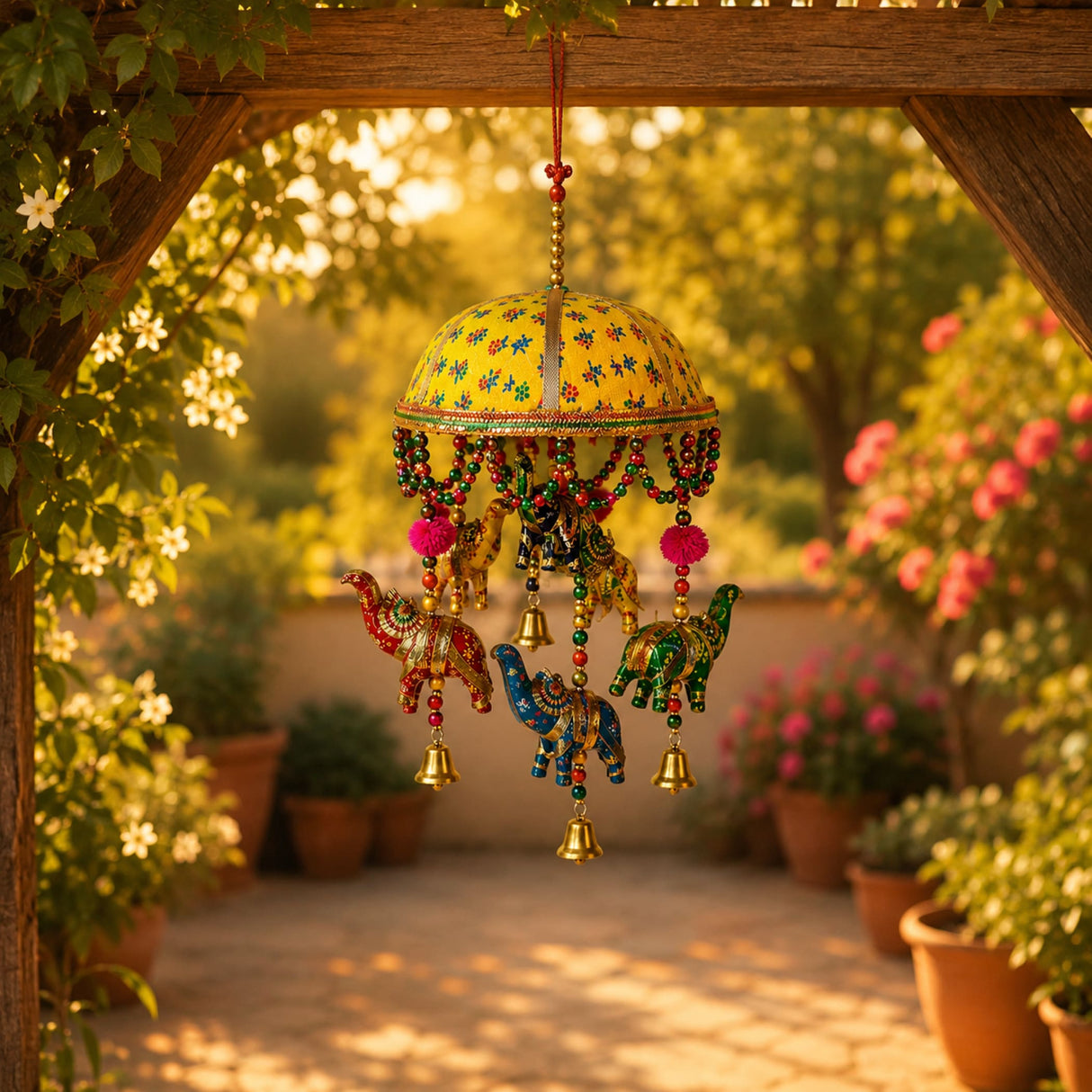 Vibrant yellow elephant umbrella door hanging with painted elephants and gold accents for home and office decor