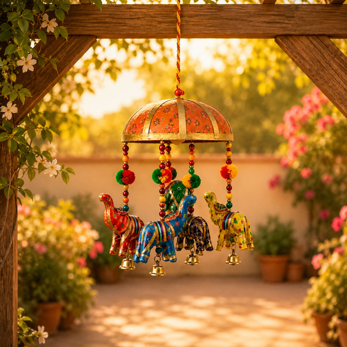 Elephant umbrella door hanging with vibrant hand-painted wooden elephants in red blue and yellow with gold bells