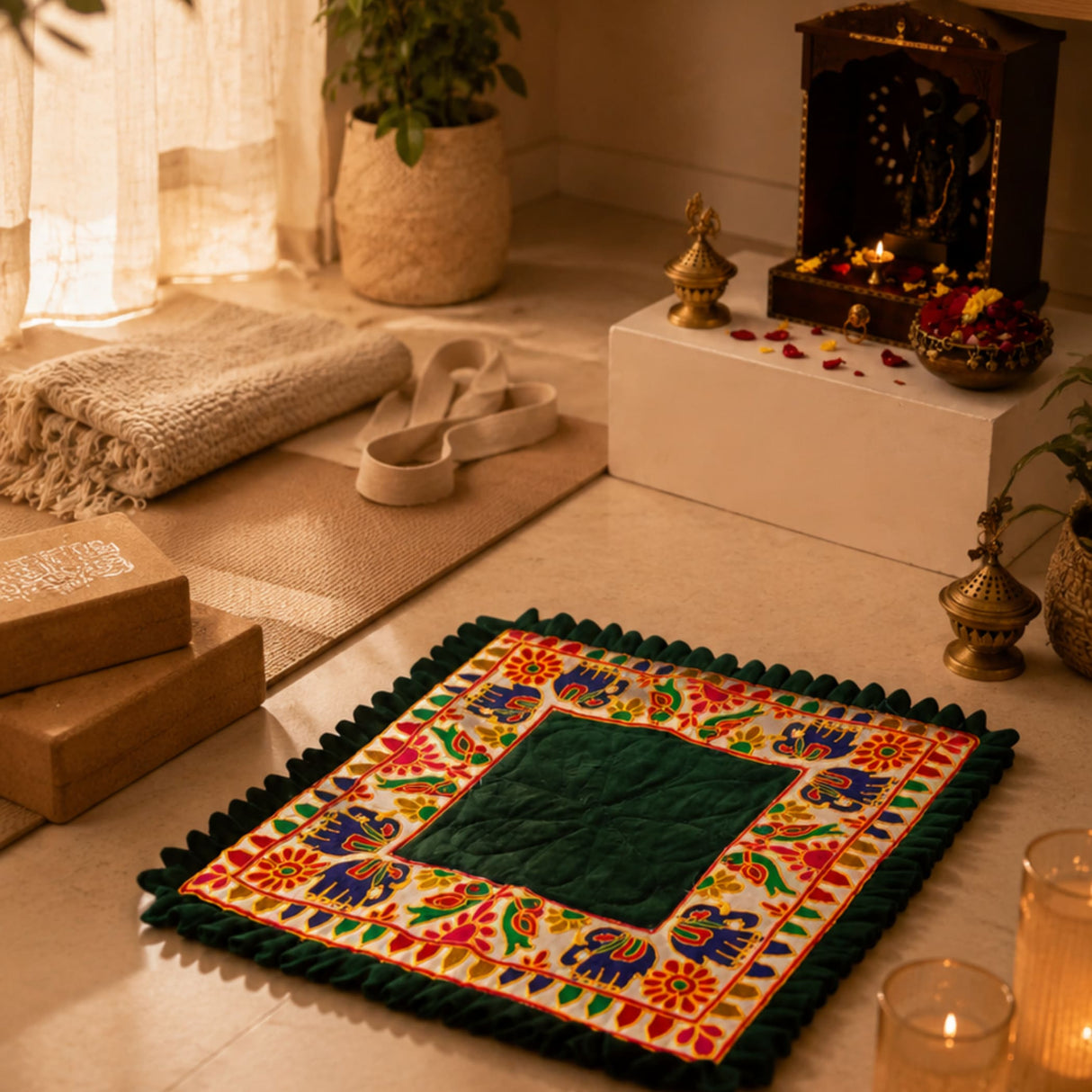 Elephant pooja aasan velvet prayer mat with dark green velvet center and colorful floral and elephant embroidery on off-white background