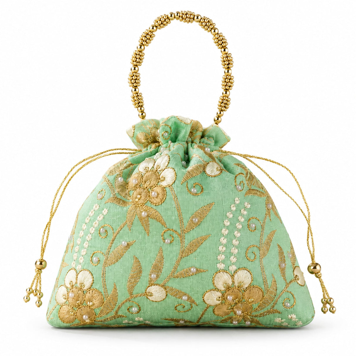 A mint green designer potli bag with gold and cream embroidered floral patterns pearl accents and beaded handle