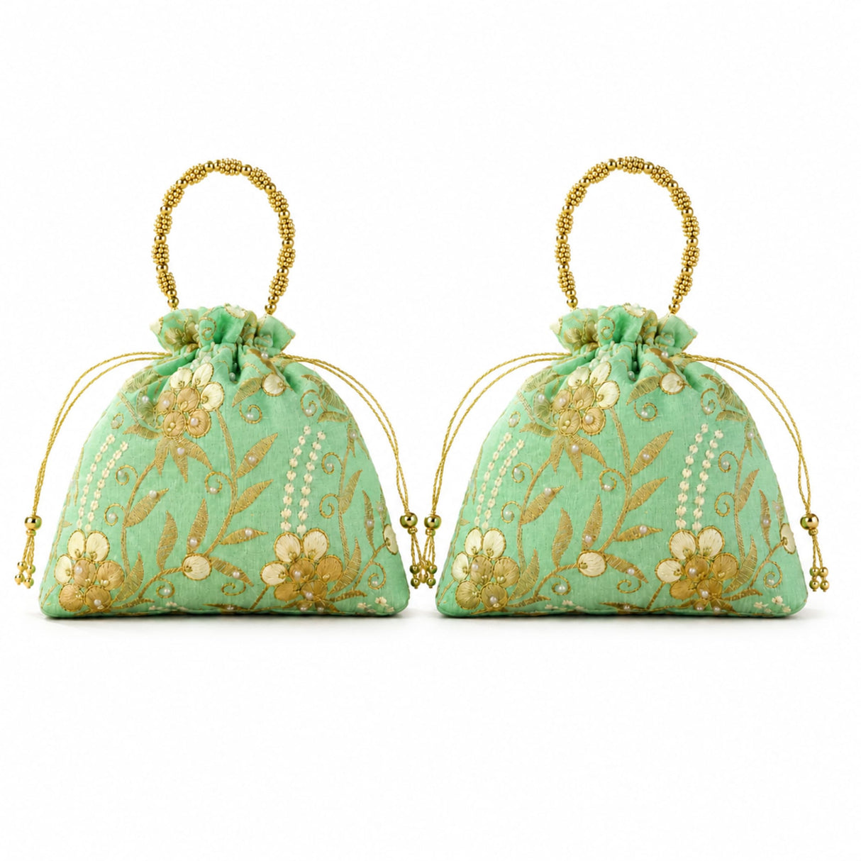 Designer potli bag in mint green with gold floral embroidery and pearl bead accents for weddings and party favors