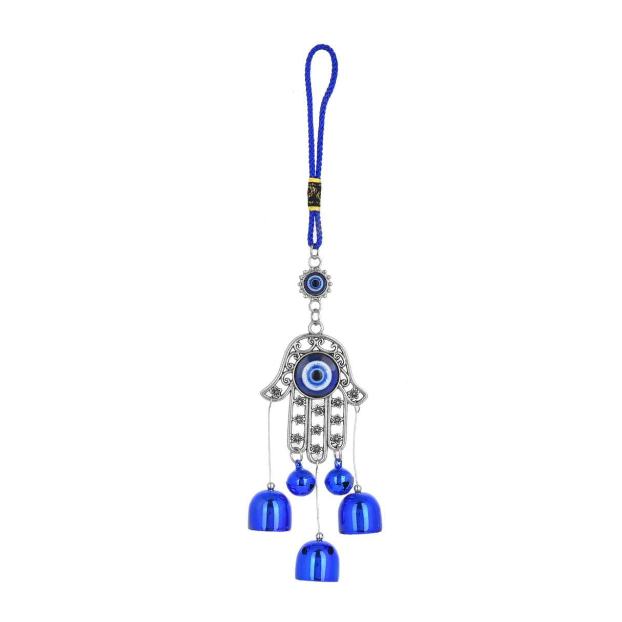 Blue Hamsa hand evil eye charm with bells and beads, 9-inch hanging ornament