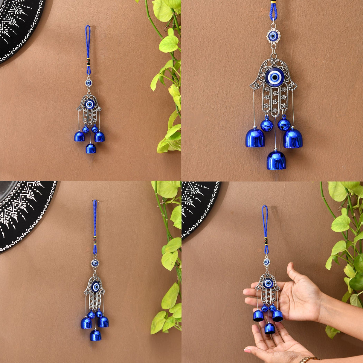 Blue evil eye hamsa hand charm with bells, beads, silver design, 9 inch