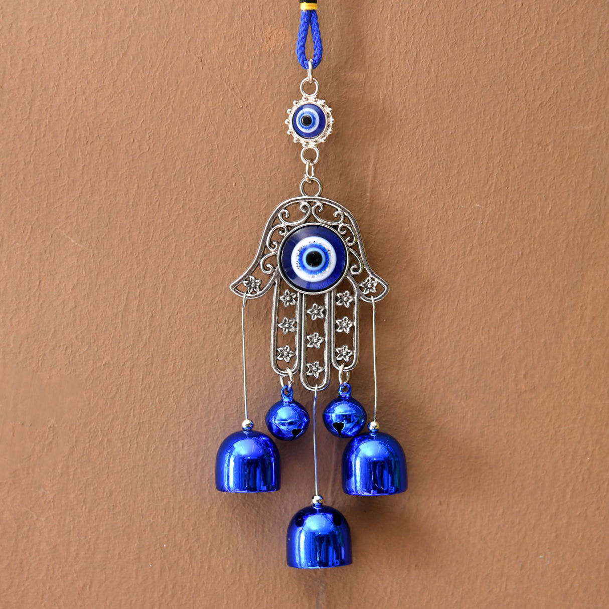 Blue evil eye hamsa hand wall hanging with bells, Turkish Nazar amulet
