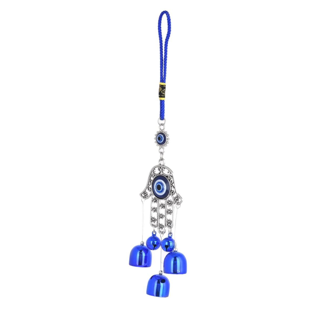 Blue Evil Eye Hamsa Hand Charm with Bells and Beads