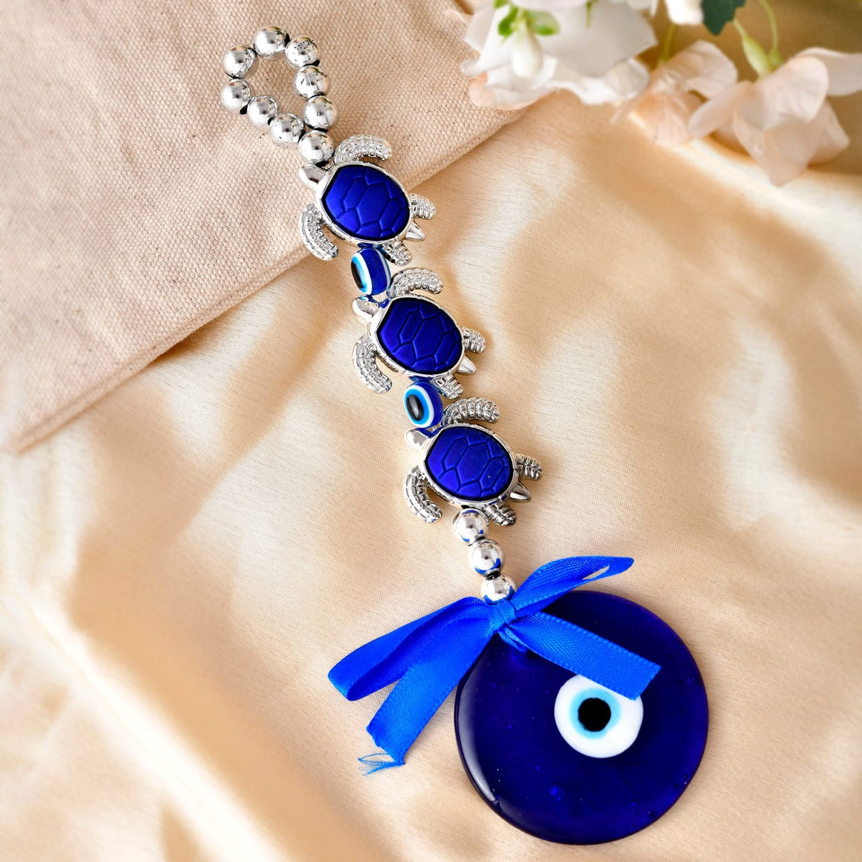 Blue turtle evil eye charm hanging decoration for home, office, or car protection