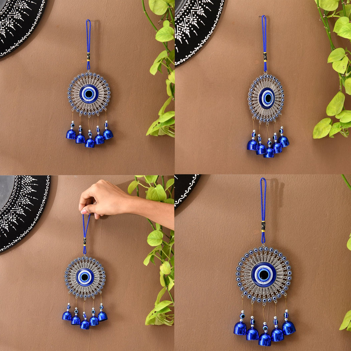 Handcrafted 6-inch blue Turkish Nazar evil eye wall hanging with silver tassels