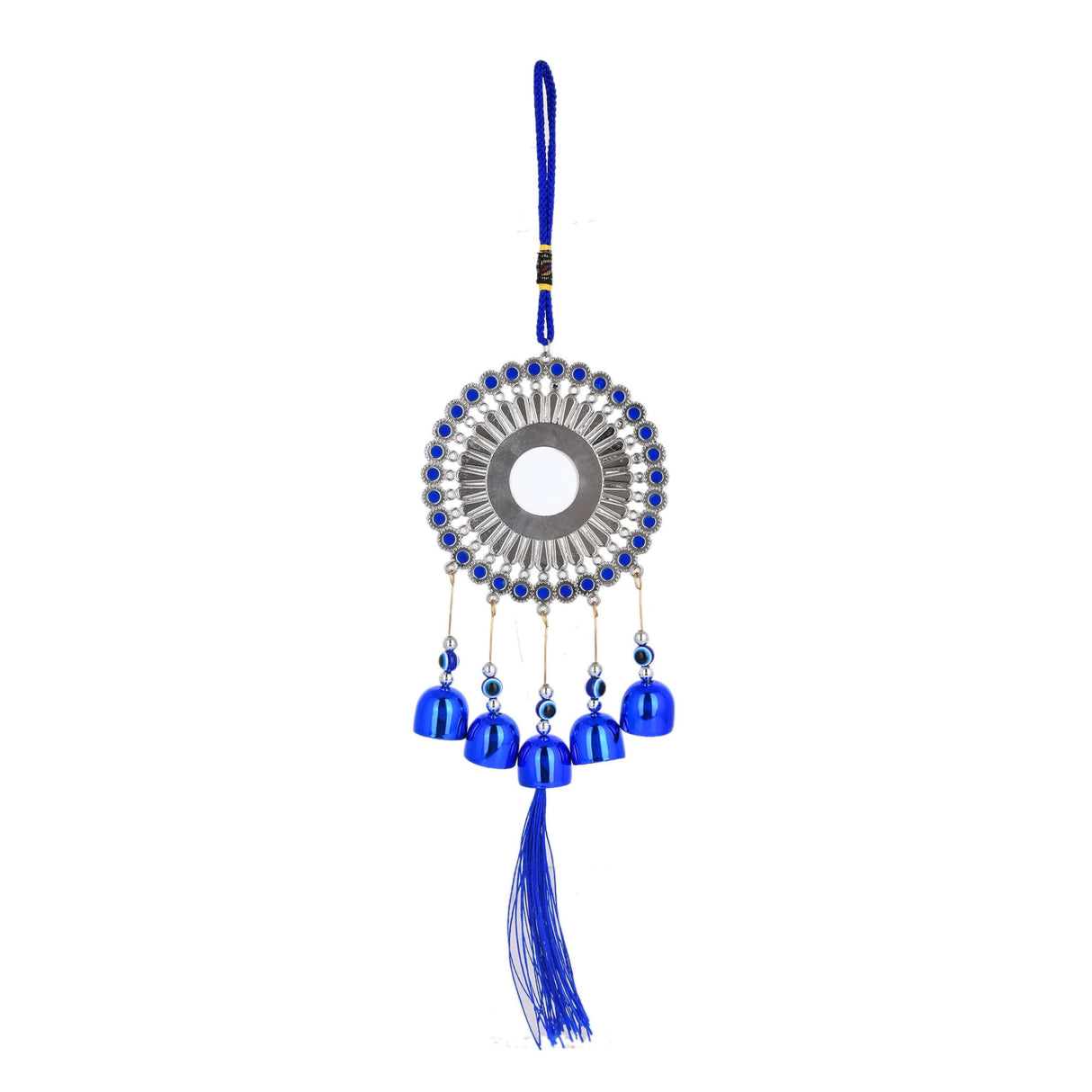 Blue dreamcatcher with silver beads, bells, evil eye, and hanging tassel