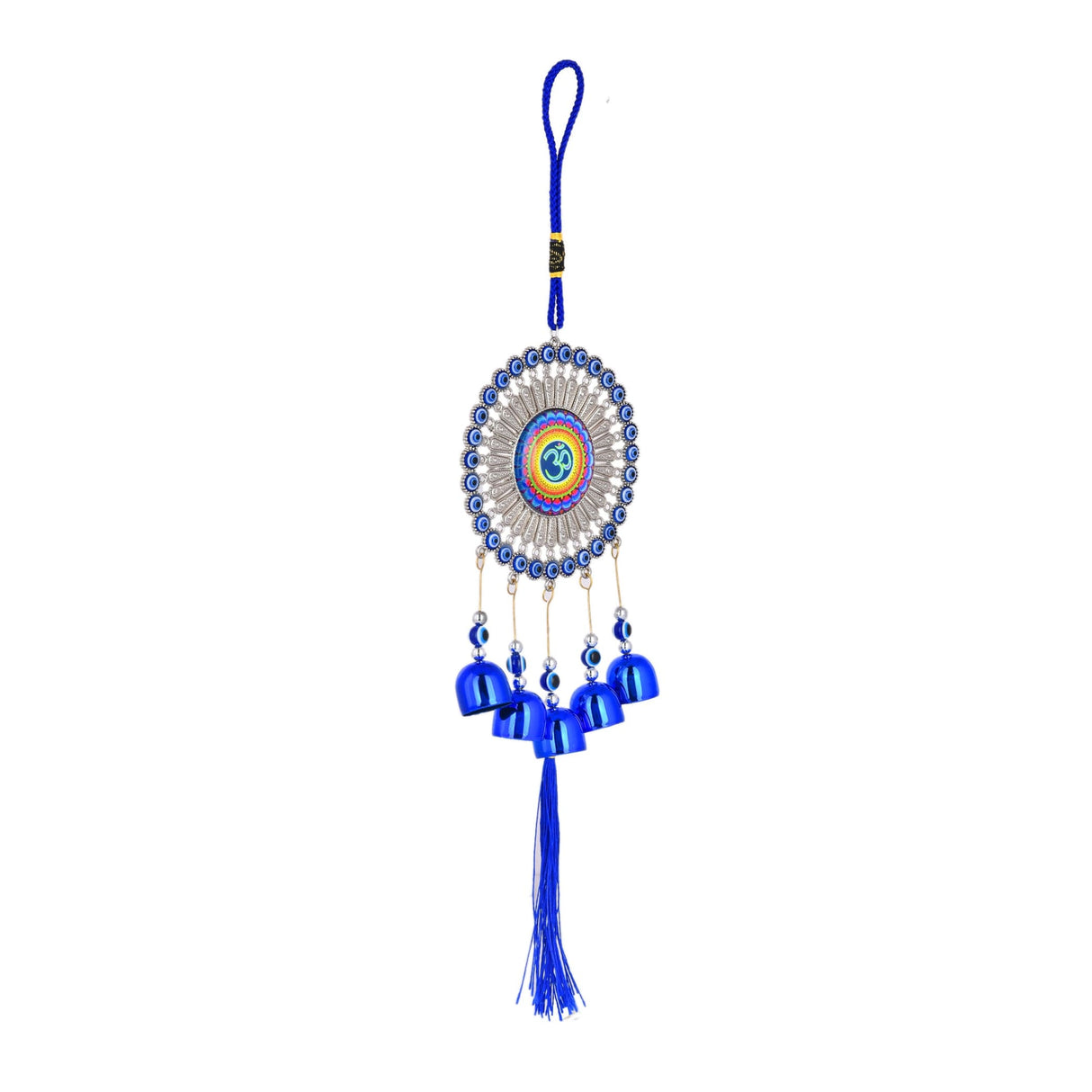Blue Beaded Evil Eye Dreamcatcher with OM Hand, Bells, Tassel, 13 Inch Nazar Amulet Ornament