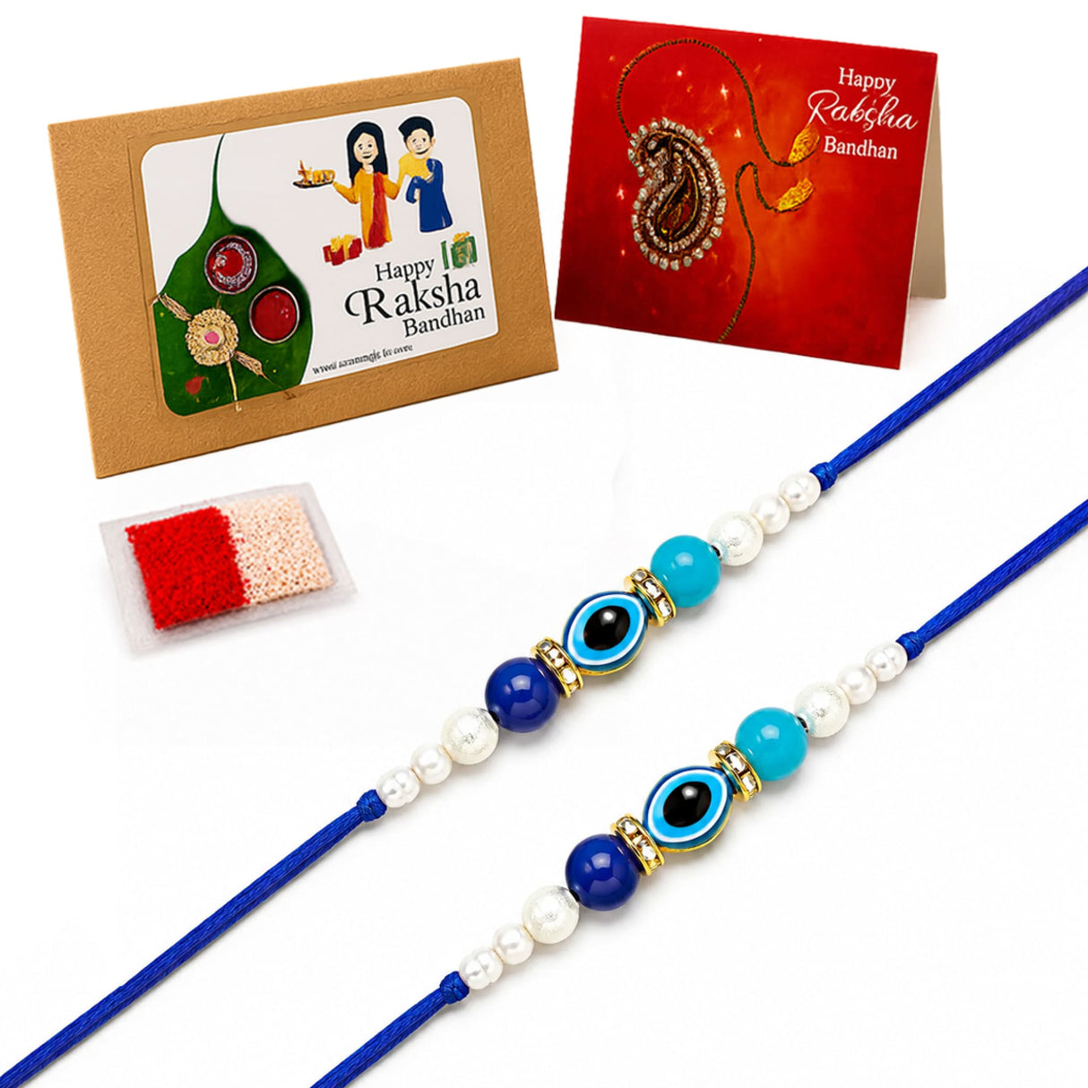 Designer 2 pc evil eye bhai bhabhi rakhi combo with blue cord, turquoise and dark blue beads, pearls, and gold evil eye charms