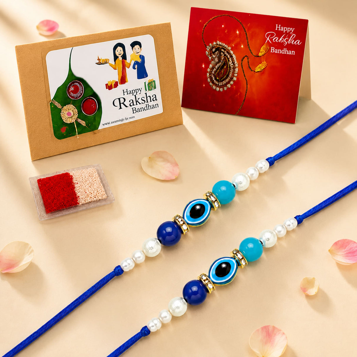 Two blue rakhi bracelets with turquoise and dark blue beads white pearls and gold toned evil eye charms for raksha bandhan gift