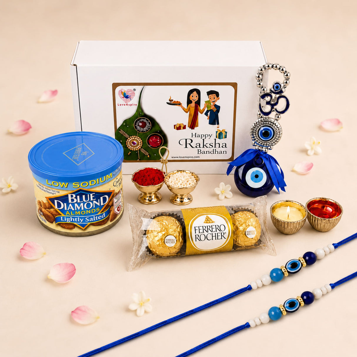 Blue diamond low sodium lightly salted almonds in a gold label tin with blue lid in raksha bandhan gift hamper set