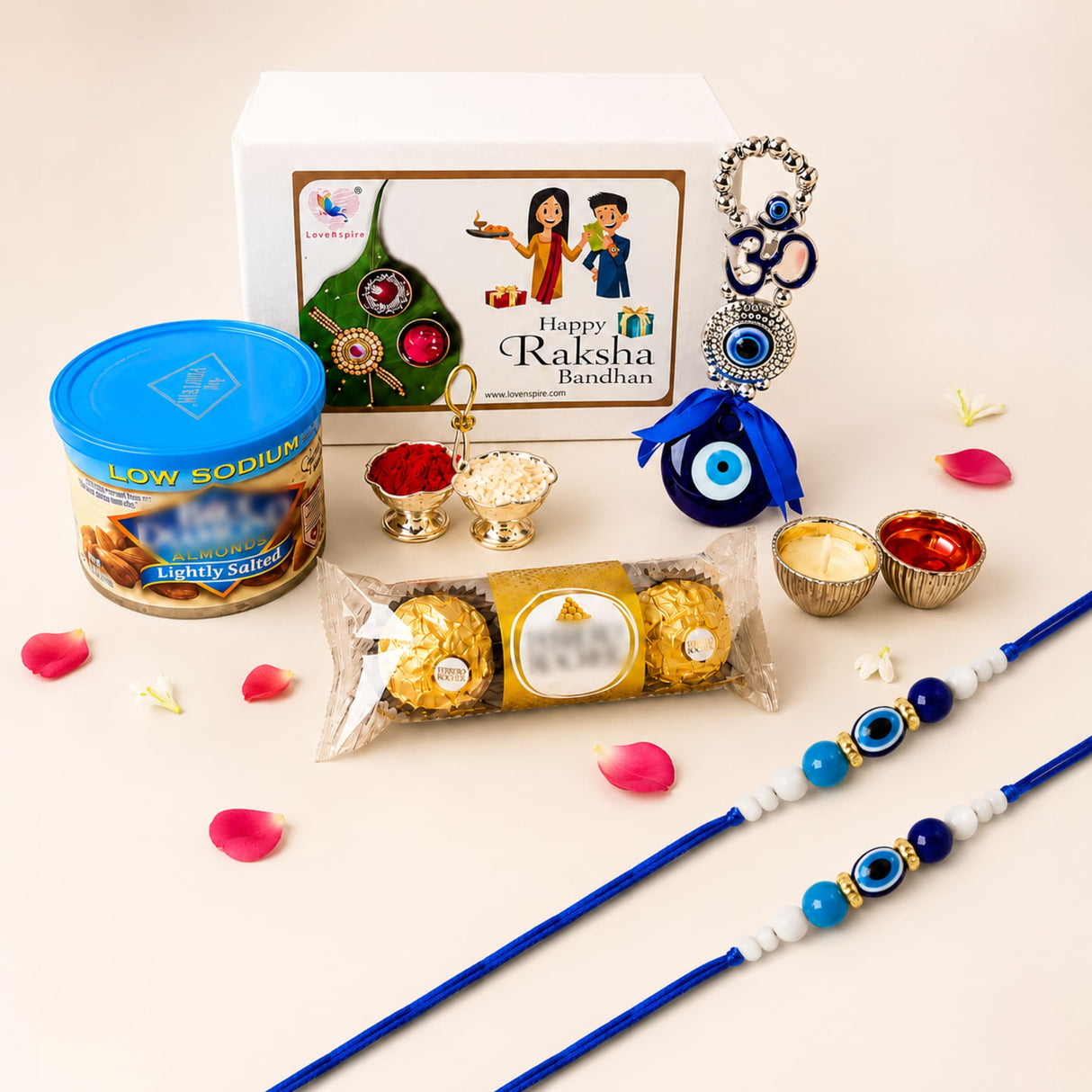 Blue and white rakhi with blue evil eye beads included in raksha bandhan gift hamper set for bhaiya bhabhi