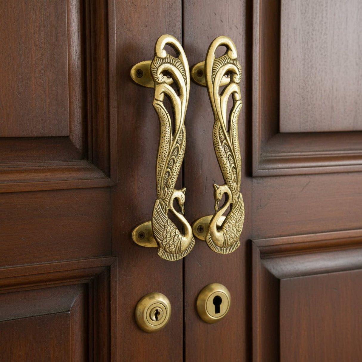 Pair of ornate 7-inch brass peacock door handles with feather details