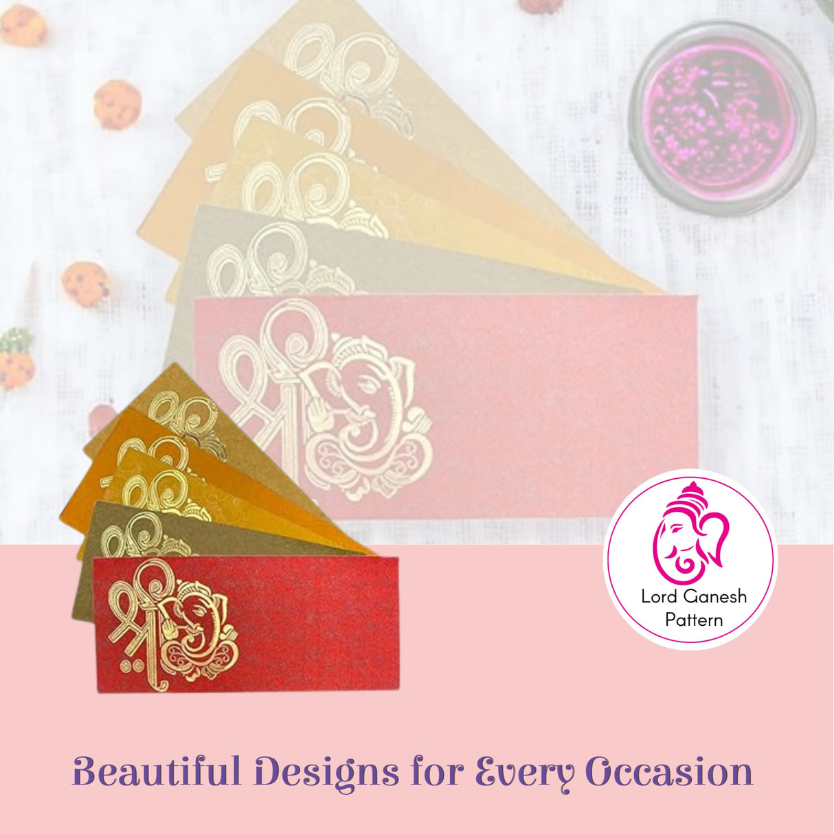 Assorted Ganesha shagun money envelopes in red, gold, pink with foil designs