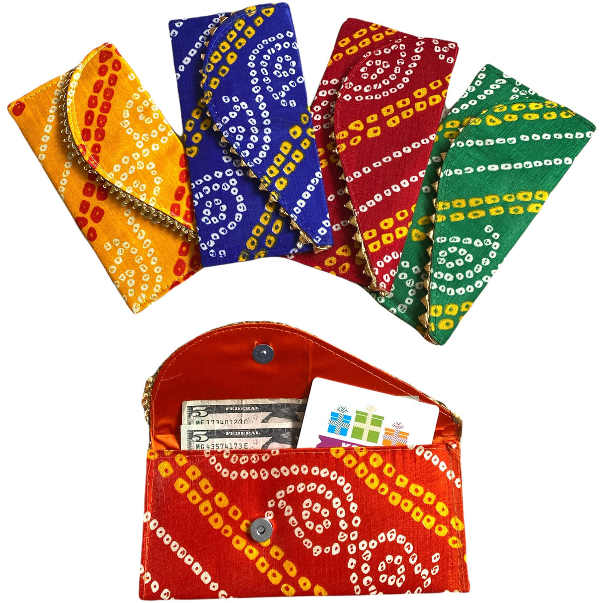 Pack of 5 Money Envelopes for Cash Decorative Bandhani Fabric Shagun Lifafa Gift Card Holder Lucky Cash Currency Holder Magnetic Tip Envelopes Wedding Diwali Gift - LoveNspire