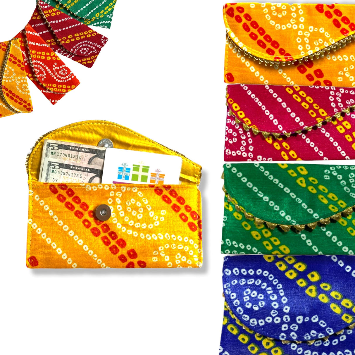 Pack of 5 Money Envelopes for Cash Decorative Bandhani Fabric Shagun Lifafa Gift Card Holder Lucky Cash Currency Holder Magnetic Tip Envelopes Wedding Diwali Gift - LoveNspire