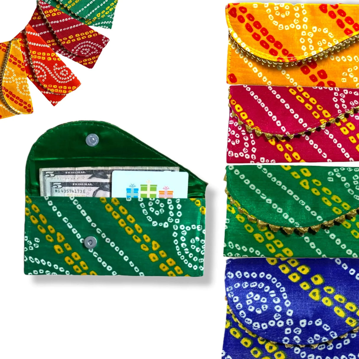 Pack of 5 Money Envelopes for Cash Decorative Bandhani Fabric Shagun Lifafa Gift Card Holder Lucky Cash Currency Holder Magnetic Tip Envelopes Wedding Diwali Gift - LoveNspire