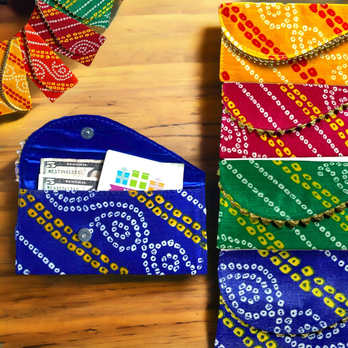 Pack of 5 Money Envelopes for Cash Decorative Bandhani Fabric Shagun Lifafa Gift Card Holder Lucky Cash Currency Holder Magnetic Tip Envelopes Wedding Diwali Gift - LoveNspire
