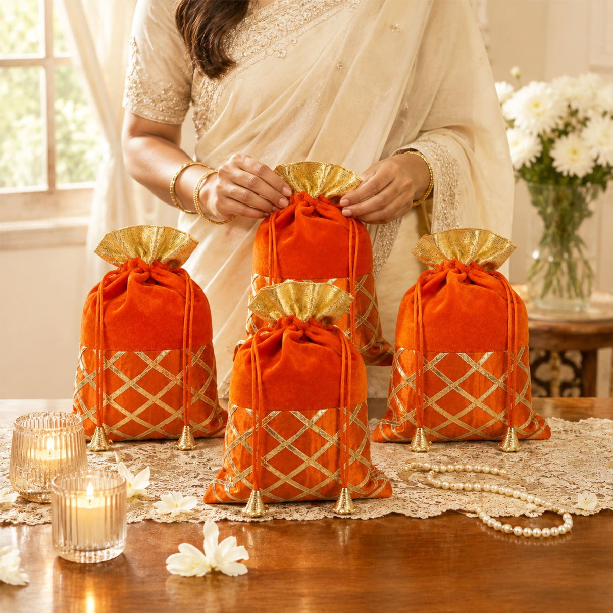 Orange velvet drawstring potli bags with gold metallic lattice and matching golden flaps for festive occasions