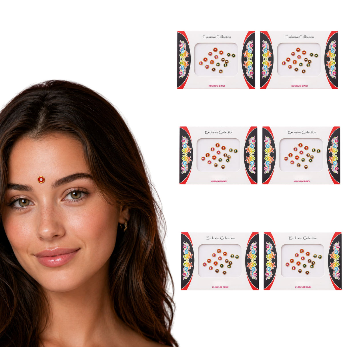 A woman wearing a red and gold decorative crystal kumkum bindi for Indian wedding and ceremonial favors