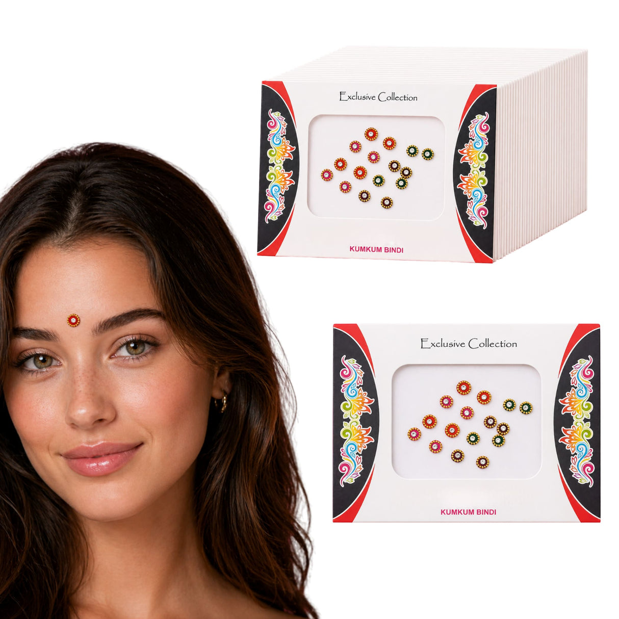 A woman wearing a red and gold decorative crystal kumkum bindi for Indian wedding and ceremonial favors